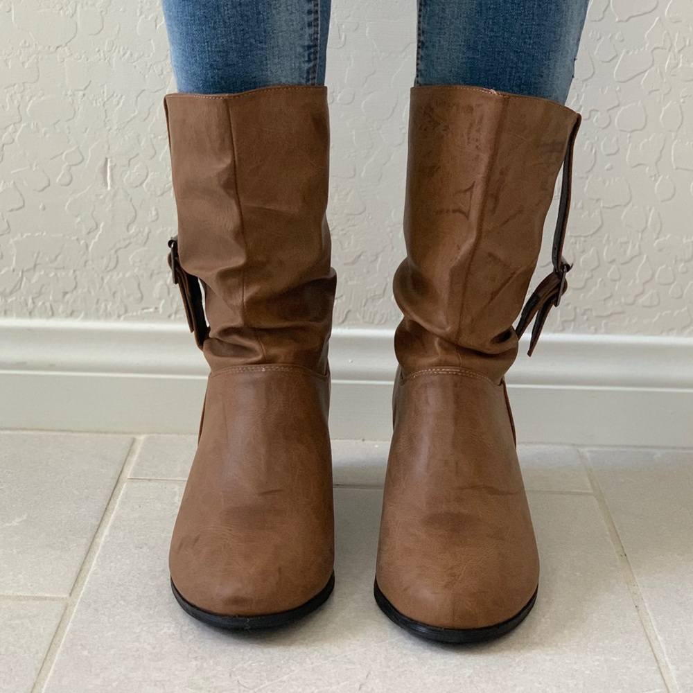 NIB Distressed Sand Low Heel Slouch Chic Boots - Picture 3 of 8
